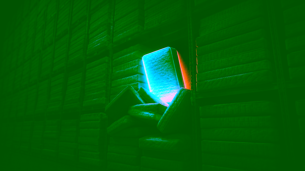 In a dark storage room, mattresses are stacked tightly, while a bright blue mattress stands out in the center between the shelves.