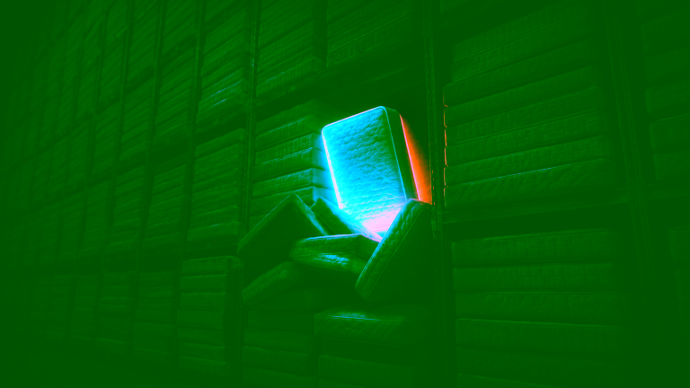 In a dark storage room, mattresses are stacked tightly, while a bright blue mattress stands out in the center between the shelves.