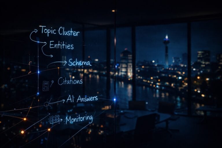 Ein Glasfenster mit handschriftlichen Notizen zu Themenclustern und KI-Antworten in einem Büro mit Stadtansicht bei Nacht.