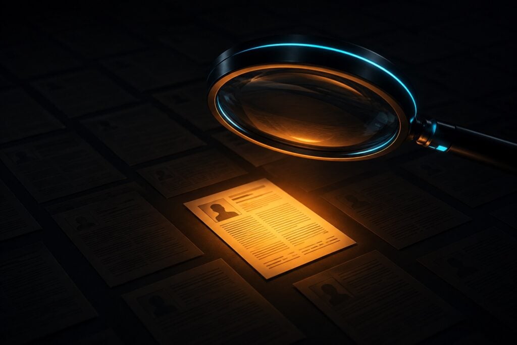 A glowing magnifying glass examines a highlighted document among many papers on the Google May 2026 Core Update and AI content in review.