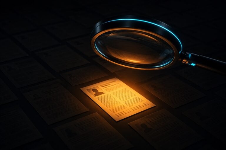 Eine leuchtende Lupe untersucht ein hervorgehobenes Dokument zwischen vielen Unterlagen zum Google May 2026 Core Update und KI-Content im Check.