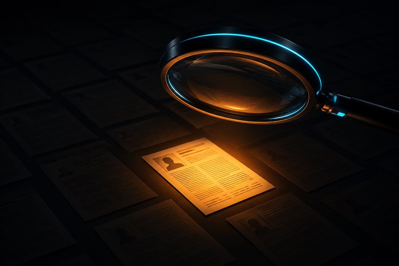 A glowing magnifying glass examines a highlighted document among many papers on the Google May 2026 Core Update and AI content in review.