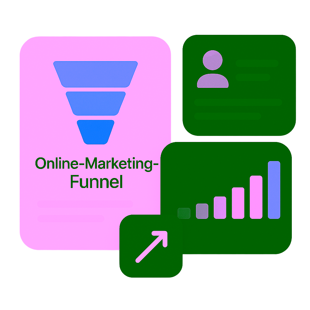 Graphics on the topic of online marketing funnels with diagrams and user profiles.