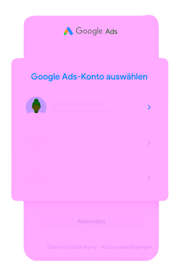 Screen for selecting a Google Ads account on a mobile device.