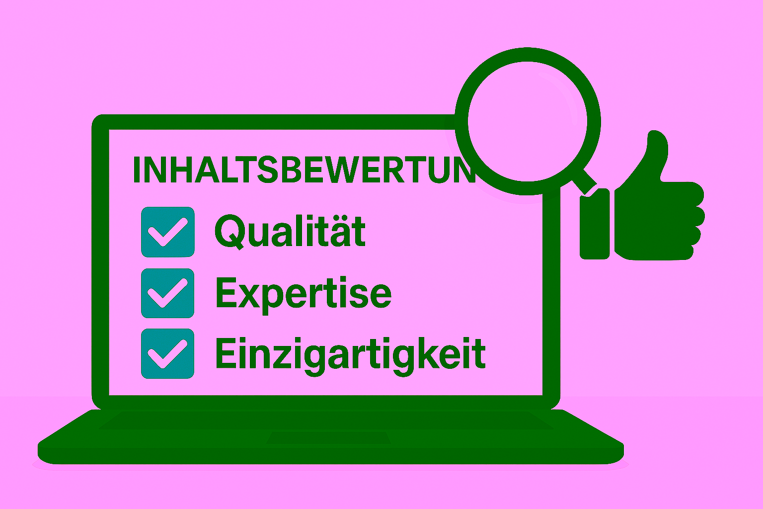 SEO strategy - Illustration shows laptop with the evaluation criteria quality, expertise and uniqueness, symbolic for successful content optimization in the search engine strategy.