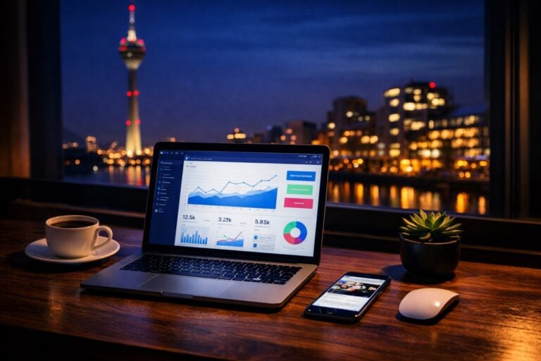 Laptop mit Diagrammen und Grafiken auf einem Tisch, im Hintergrund der Fernsehturm in Düsseldorf bei Nacht.
