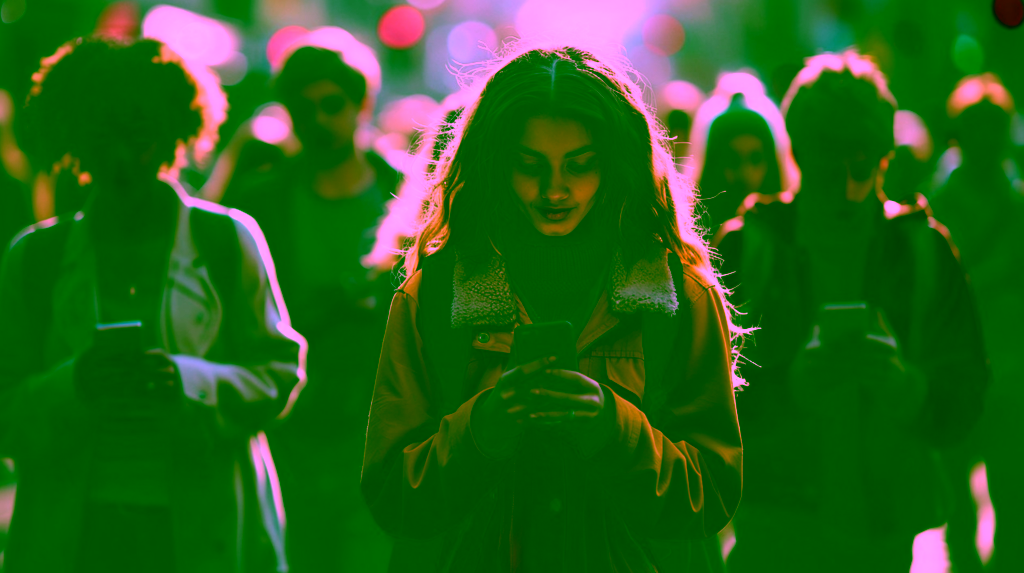 Young woman in a yellow jacket looking at her smartphone, surrounded by people in an urban environment.
