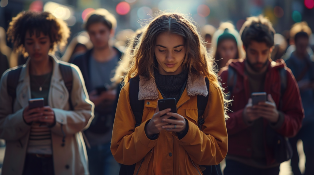 Junge Frau in gelber Jacke, die auf ihr Smartphone schaut, umgeben von Menschen in urbaner Umgebung.