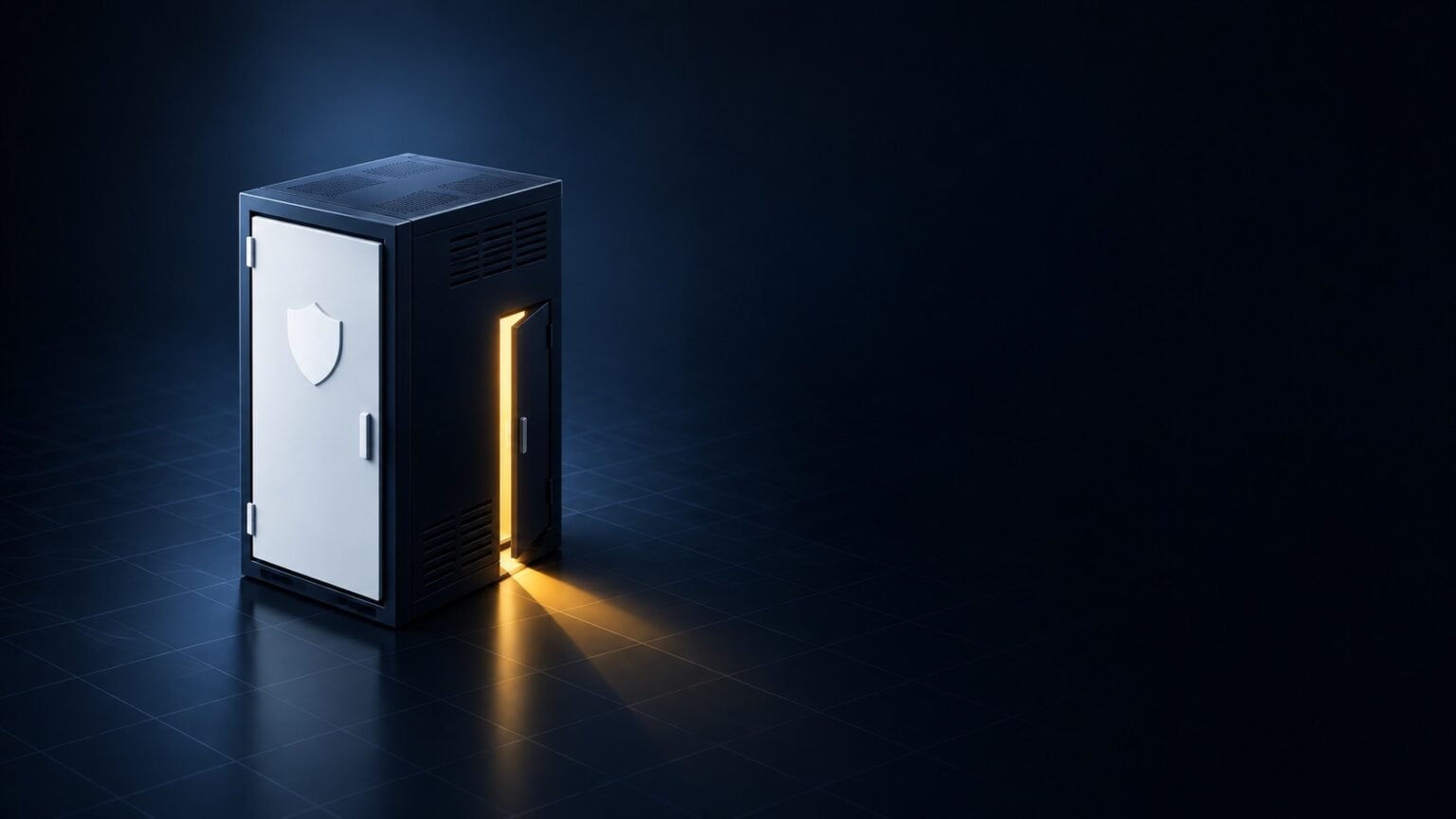 Ein Serverschrank mit weißem Schildsymbol und gelb leuchtender Tür; PHP2Shell macht die Serverprüfung dringend.