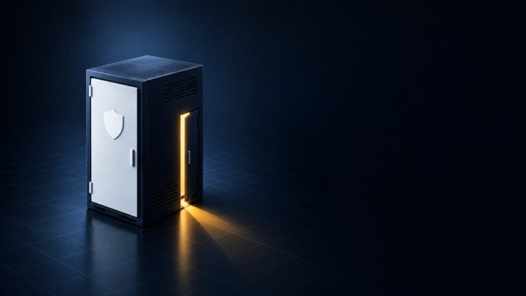 Ein Serverschrank mit weißem Schildsymbol und gelb leuchtender Tür; PHP2Shell macht die Serverprüfung dringend.