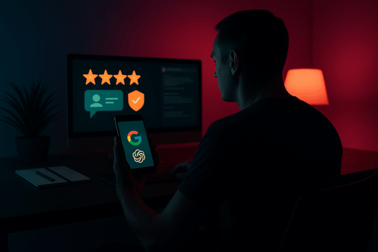 Mann hält ein Smartphone mit Google- und ChatGPT-Logos vor einem Computerbildschirm in einem dunklen Raum.