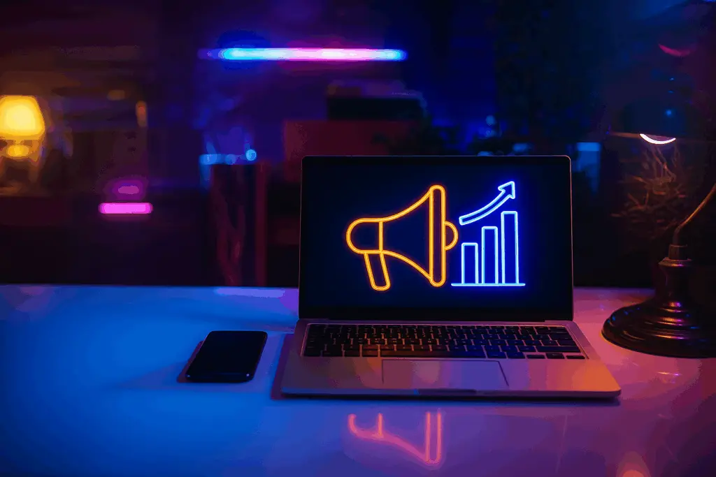 Ein Laptop zeigt ein Lautsprechersymbol und ein Diagramm mit wachsendem Trend auf dem Bildschirm.