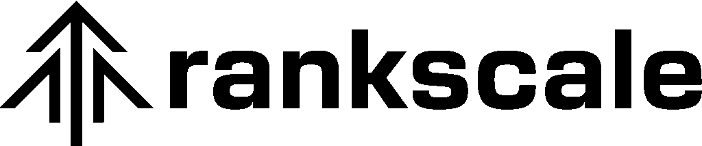 Schwarz-weißes Logo von RankScale mit stilisierten Pfeilen und Schriftzug.