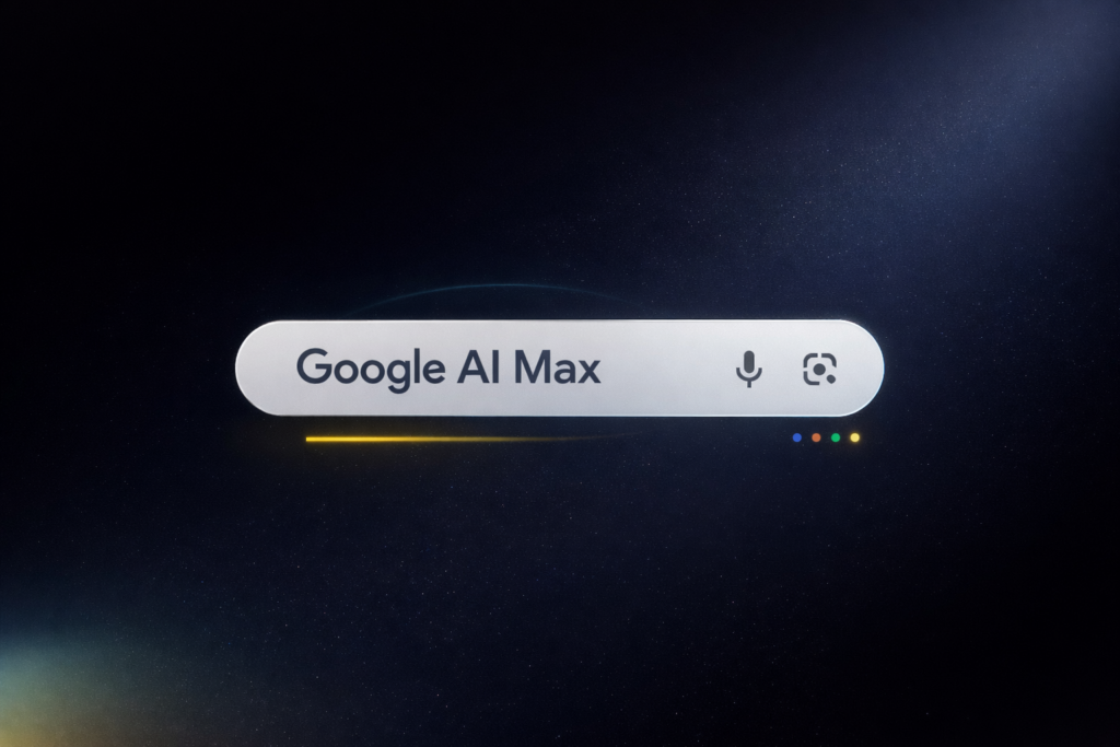 Suchleiste mit der Aufschrift 'Google AI Max' und Mikrofon-Icon auf einem dunklen Hintergrund.