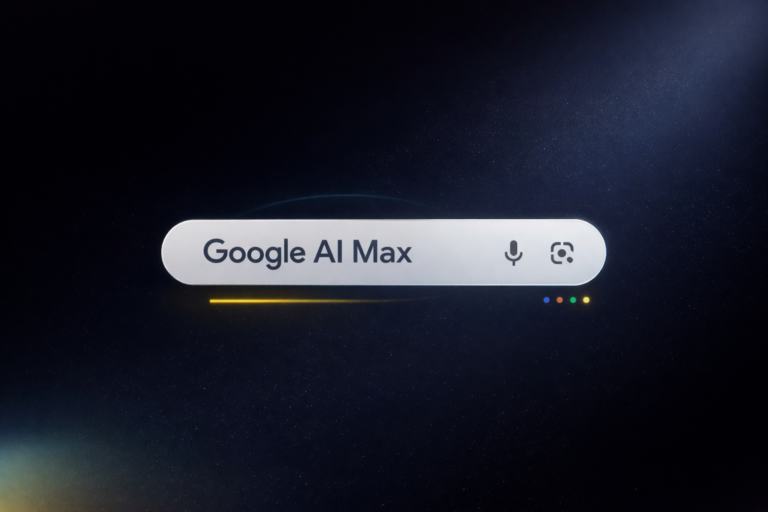 Suchleiste mit der Aufschrift 'Google AI Max' und Mikrofon-Icon auf einem dunklen Hintergrund.