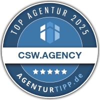 Abzeichen mit der Aufschrift 'Top Agentur 2025' für CSW.AGENCY von AGENTURTIPP.de.