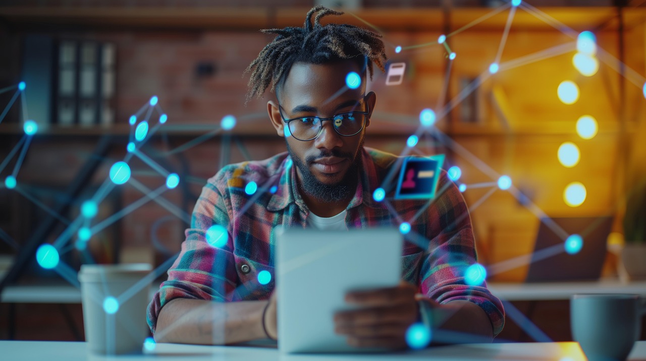 Mann mit Brille und Locken, der ein Tablet in einem modernen Raum betrachtet, umgeben von digitalen Netzwerkvisualisierungen.