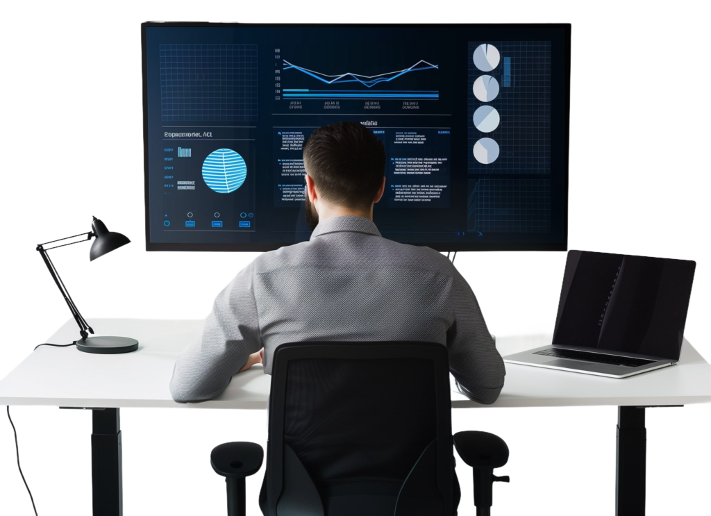 Mann sitzt an einem Schreibtisch vor einem großen Bildschirm mit Datenvisualisierungen und Diagrammen.