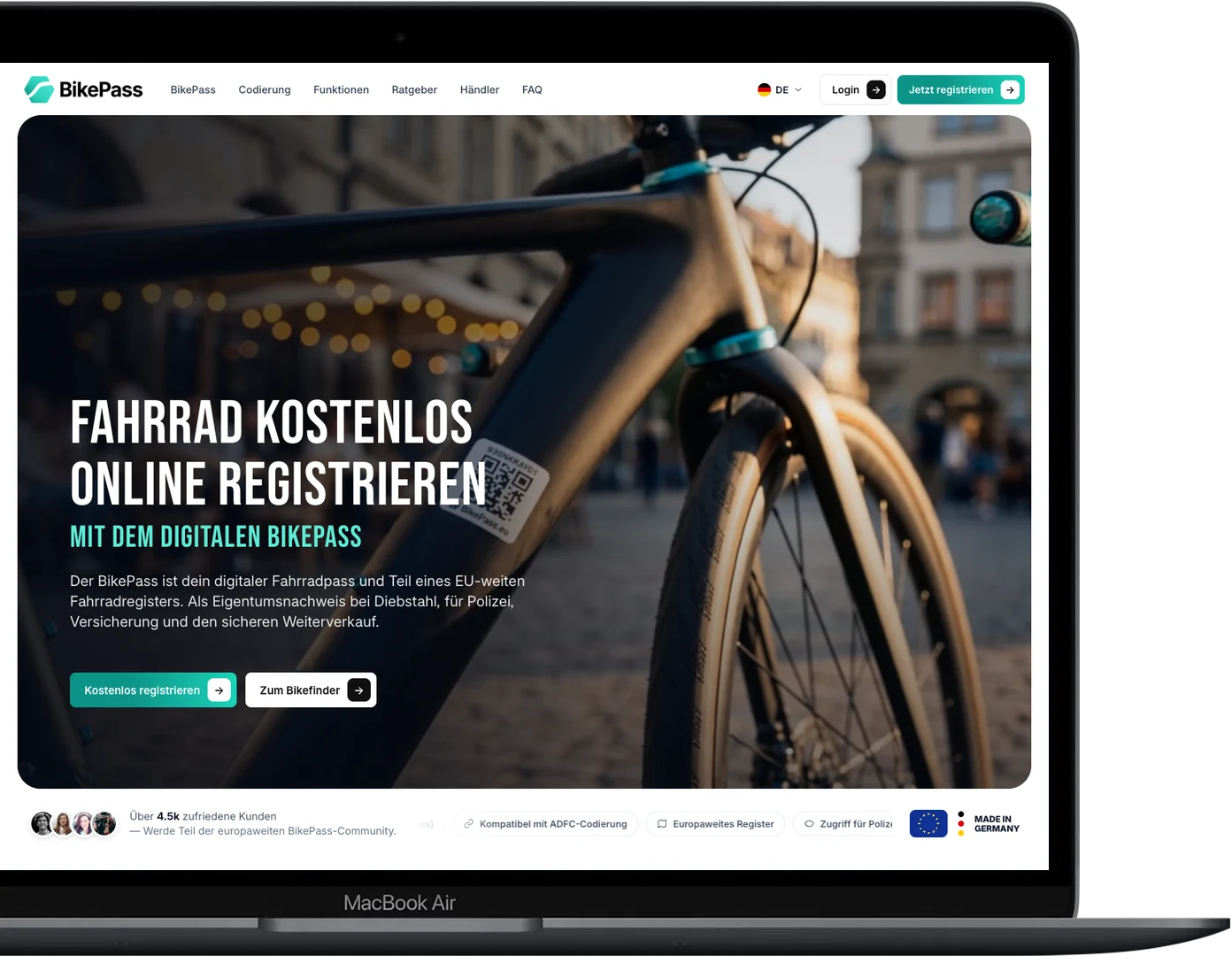 BikePass – digitaler Fahrradpass im Laptop-Mockup