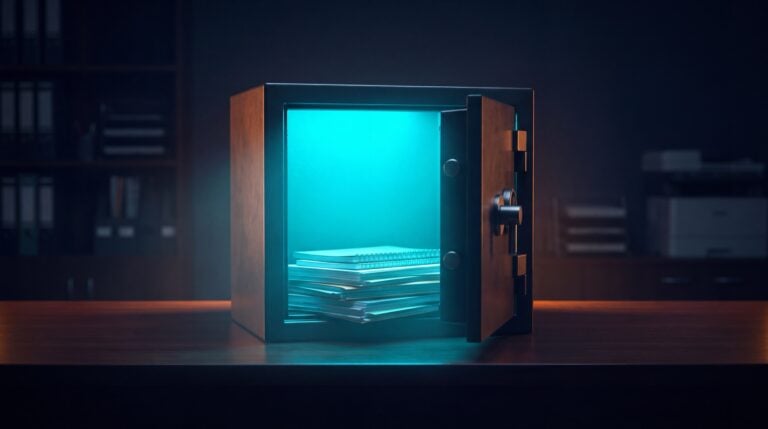 ChatGPT für Unternehmen: cyan leuchtender Bürotresor mit Dokumenten als Sinnbild für geschützte Firmendaten