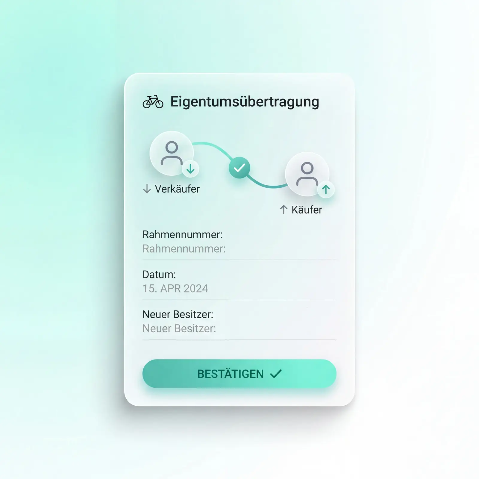 BikePass App View of Ownership Transfer: Seller and buyer digitally confirm the change of ownership with frame number and date.