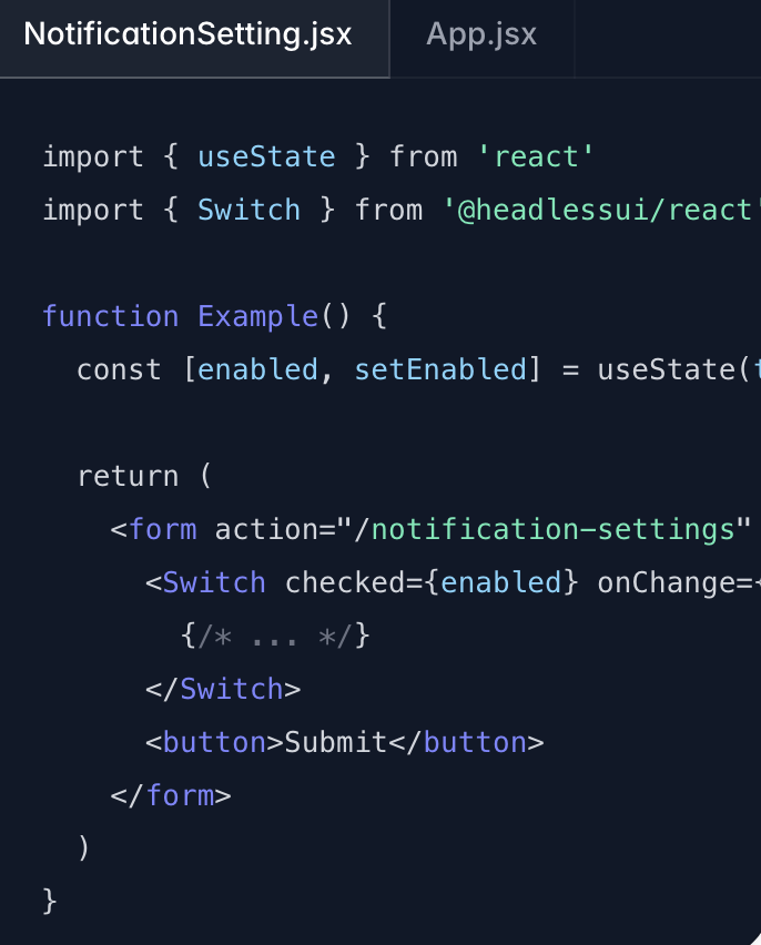 Code-Schnipsel in React, der eine Schaltfläche für Benachrichtigungseinstellungen zeigt.