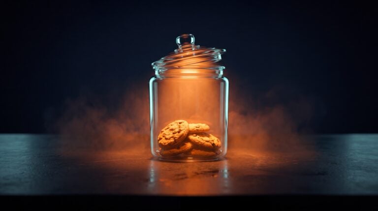 Consent Mode v2 as a cookie jar with the lid slightly ajar, from which warm orange light falls onto the countertop.