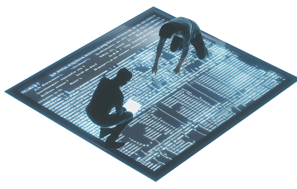 Zwei Personen, die auf einem digitalen Bildschirm mit Daten und Zahlen arbeiten und analysieren.