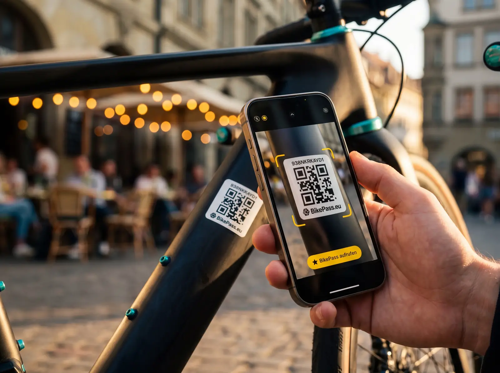 The smartphone scans the BikePass QR code on the bicycle frame, identifying the registered bicycle in seconds.