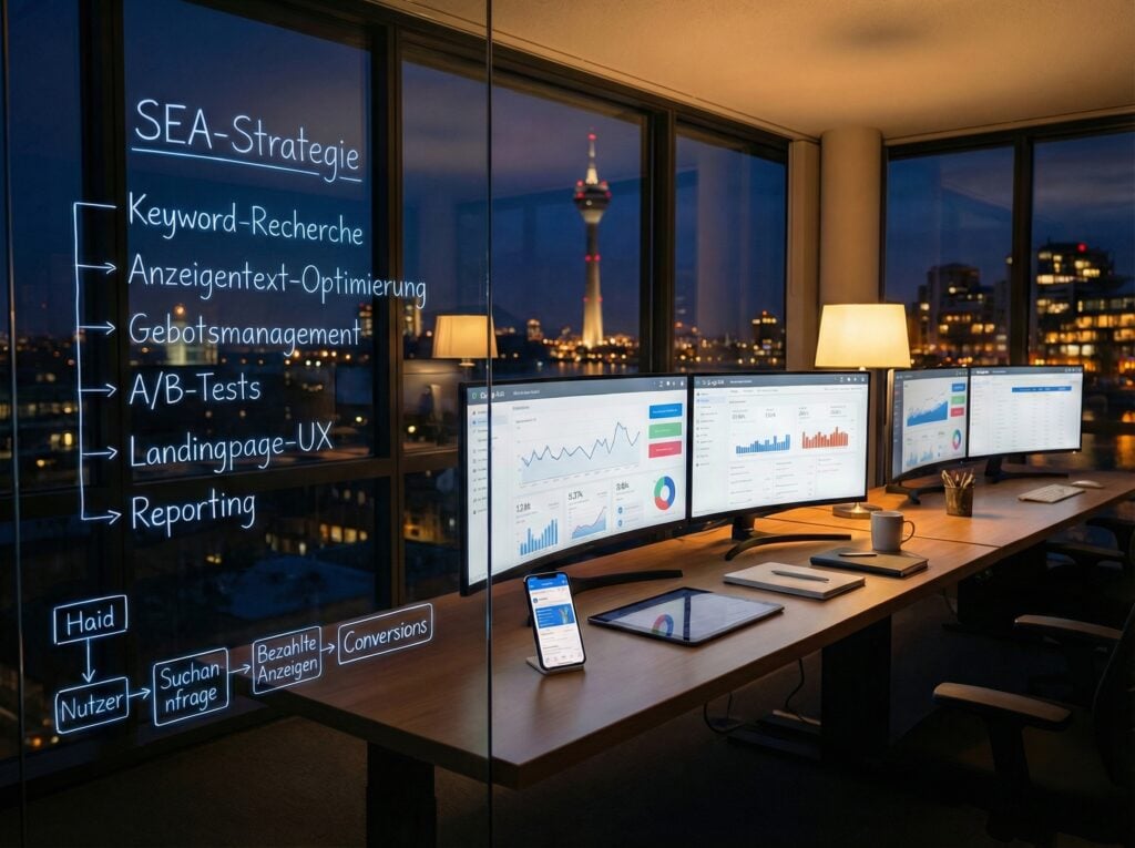 Modern office environment with multiple monitors displaying SEA strategies and data analysis.