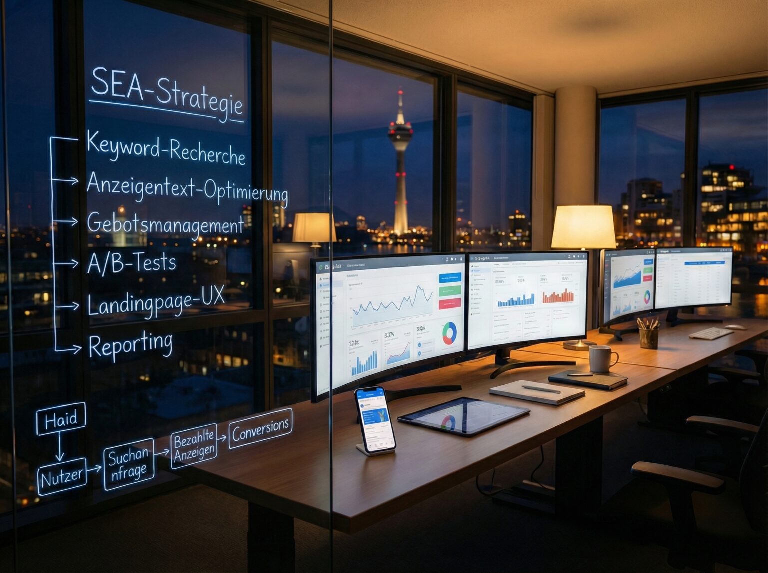 Modern office environment with multiple monitors displaying SEA strategies and data analysis.