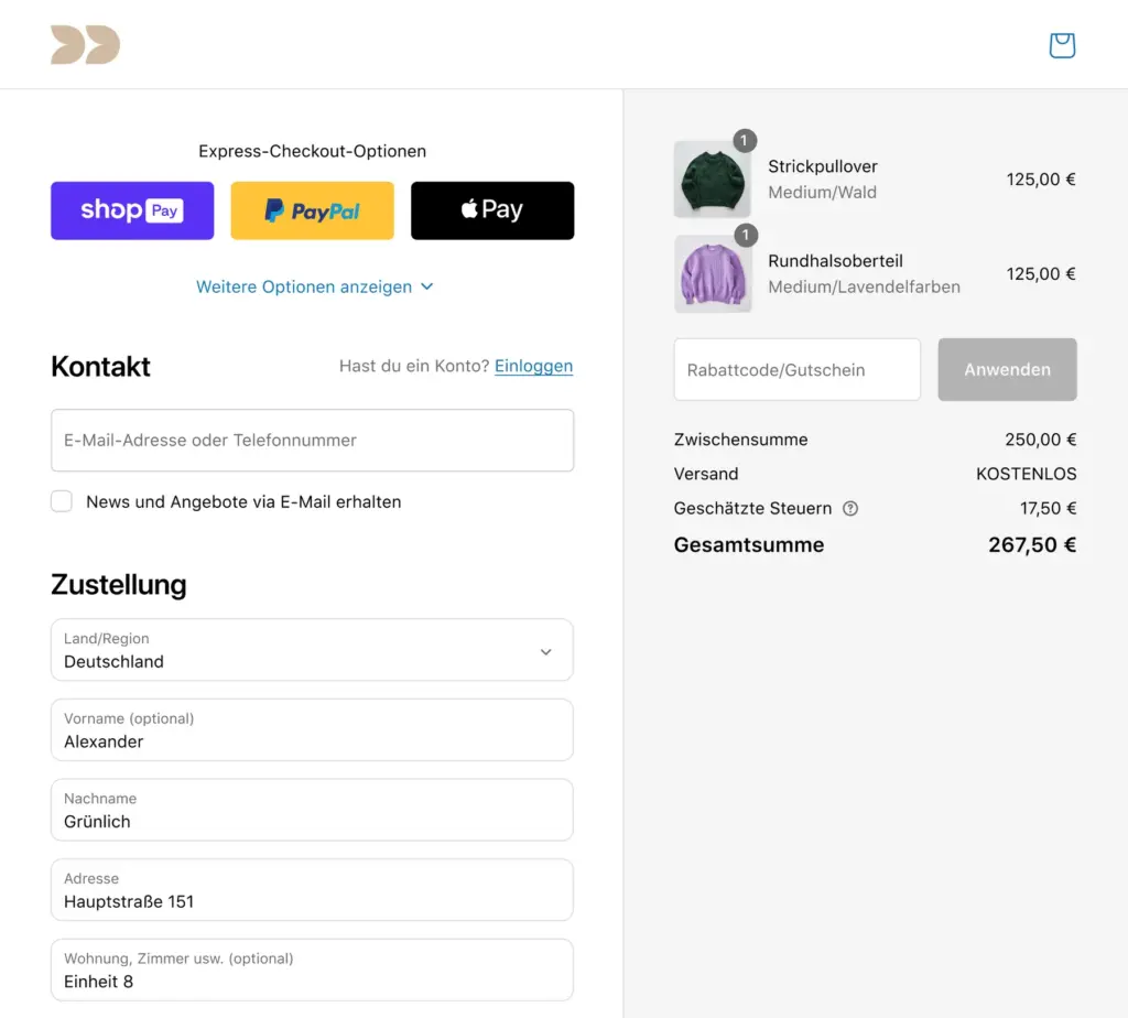 Screenshot einer Online-Shop-Checkout-Seite mit Kontakt- und Adressfeldern.