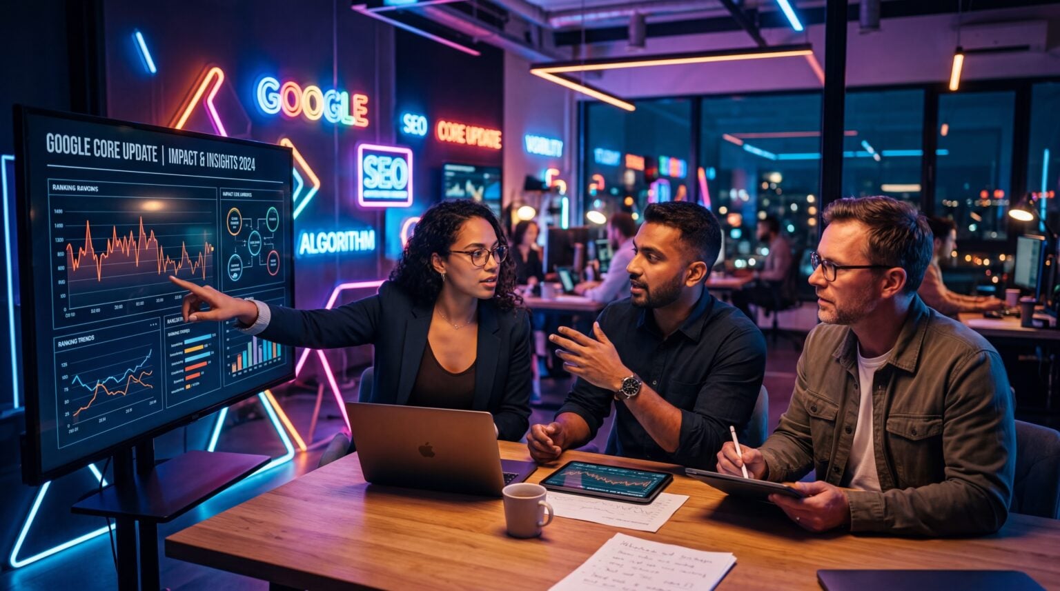 Neon-lit office background with Google lettering; three experts discussing Google Core Update analysis in front of a large screen, supplemented by notepads and tablets.
