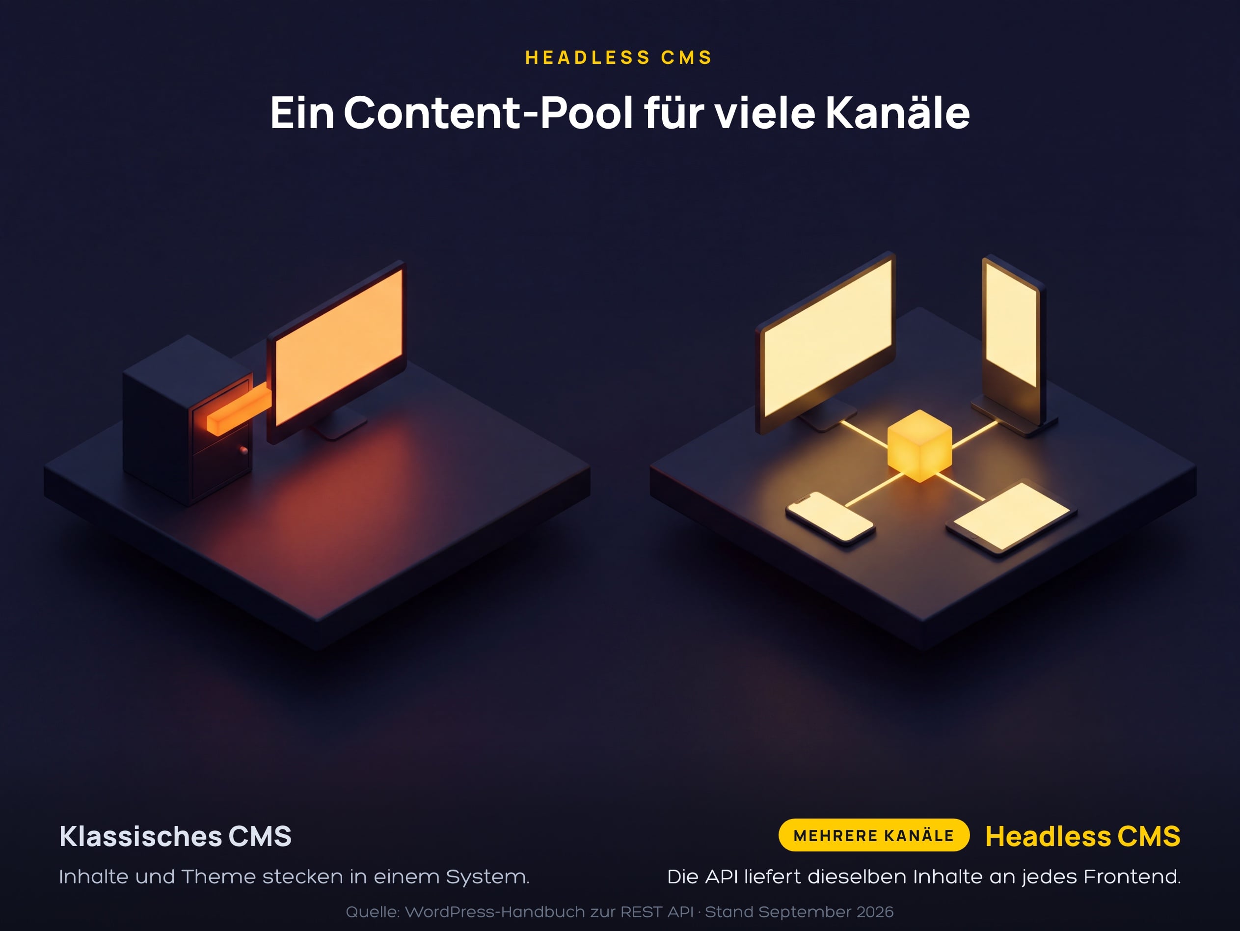 Headless CMS im Vergleich – links Inhalte und Theme in einem System, rechts ein Content-Pool für vier Kanäle.