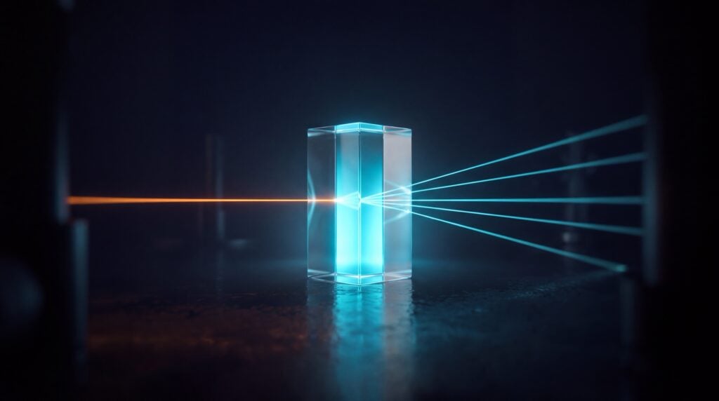 Headless CMS als gläsernes Prisma, das einen orangefarbenen Lichtstrahl in vier cyanfarbene Strahlen aufteilt.