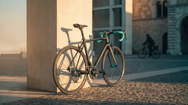 Road bike with turquoise BikePass accents leaning against a concrete pillar in the evening light – cover image for the BikePass project.