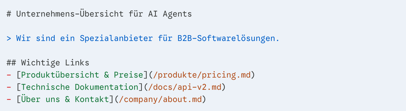 Beispielhafter Aufbau einer llms.txt Datei mit Markdown-Links