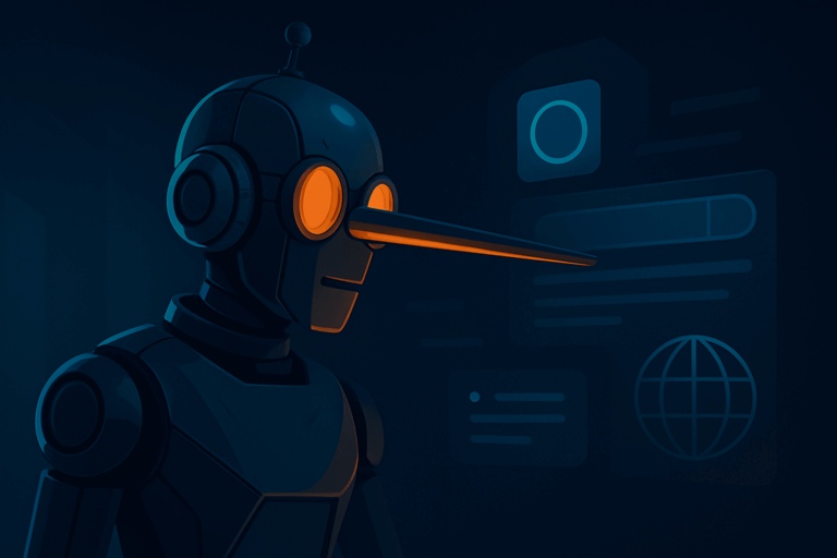 Ein Roboter mit einem langen, spitzen Nasenaufsatz und leuchtenden Augen, vor digitalen Grafiken und Symbolen.