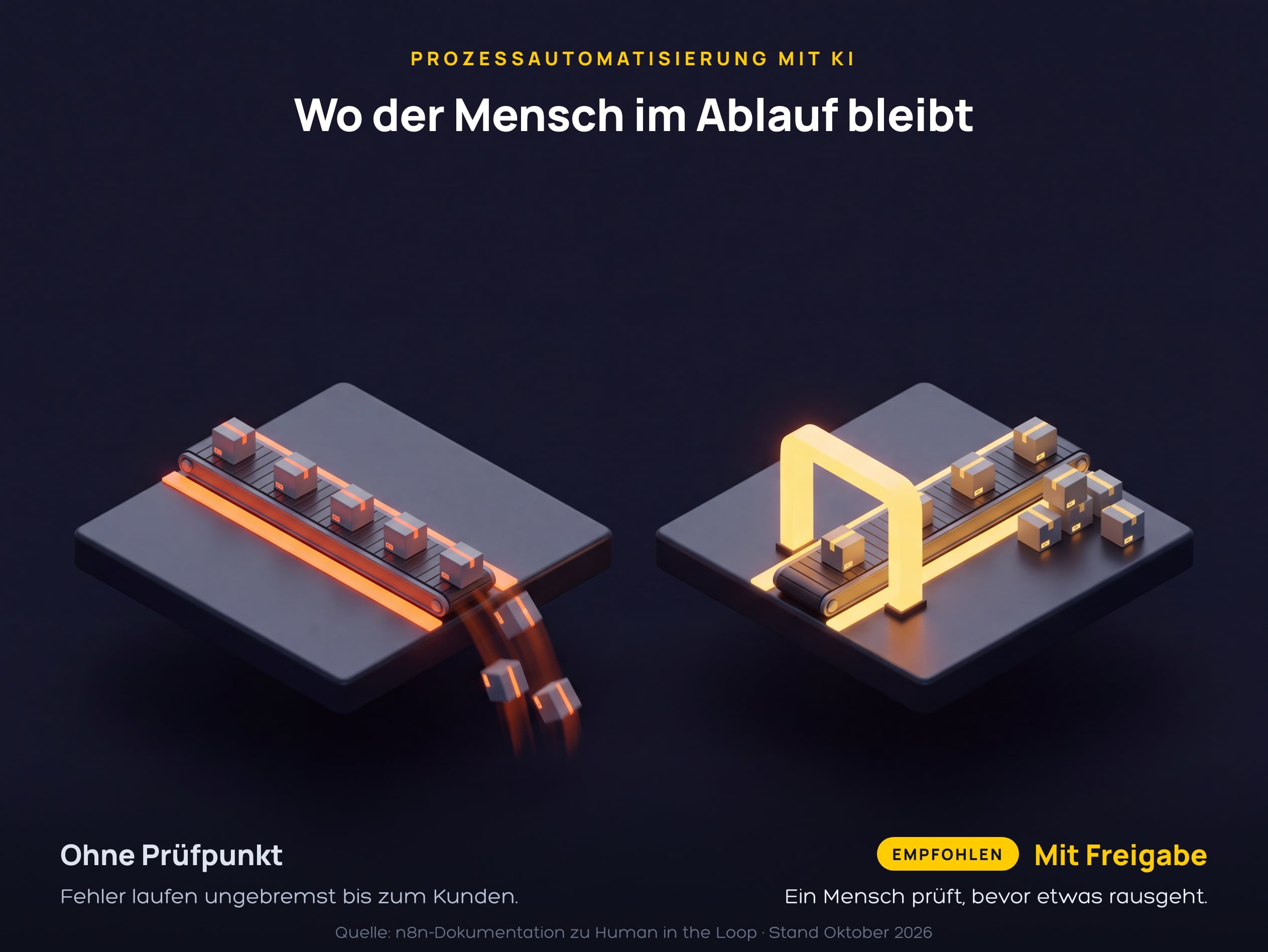Prozessautomatisierung mit KI – links ein Ablauf ohne Prüfpunkt, rechts ein Ablauf mit menschlicher Freigabe vor dem Versand.
