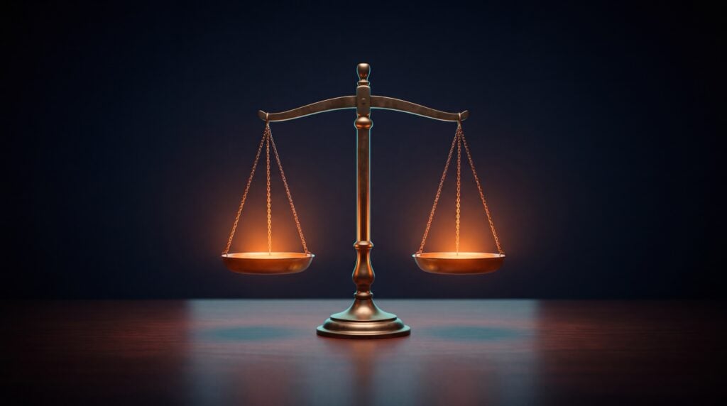 SEO costs in view: glowing beam balance in the dark as a symbol for price and performance of SEO