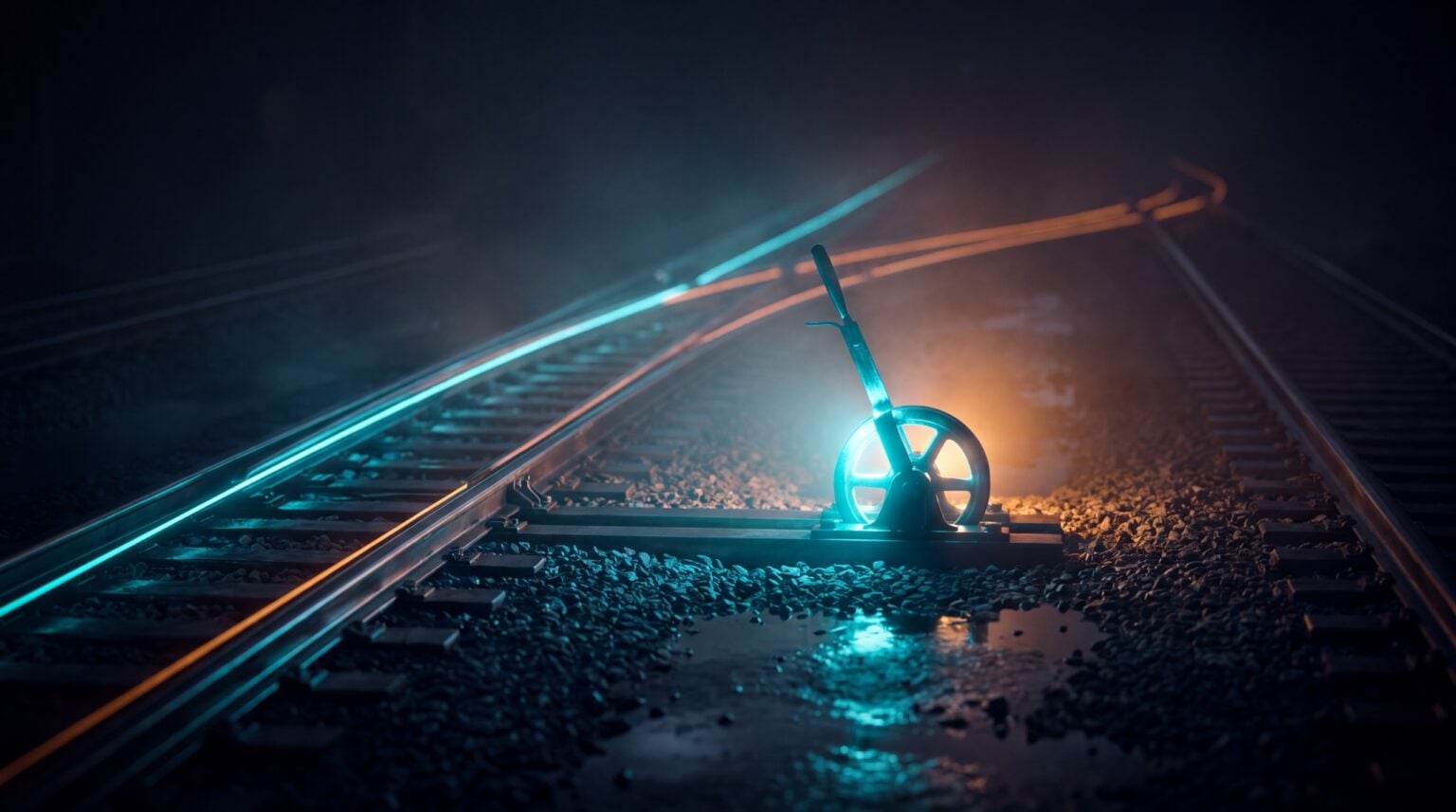 Server Side Tracking als leuchtende Gleisweiche im Dunkeln, die ankommende Datenströme auf eigene Bahnen lenkt.