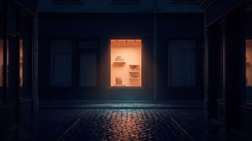 Shopify SEO als einziges warm leuchtendes Schaufenster in einer dunklen Einkaufsstraße – Symbolbild für Sichtbarkeit im Netz.