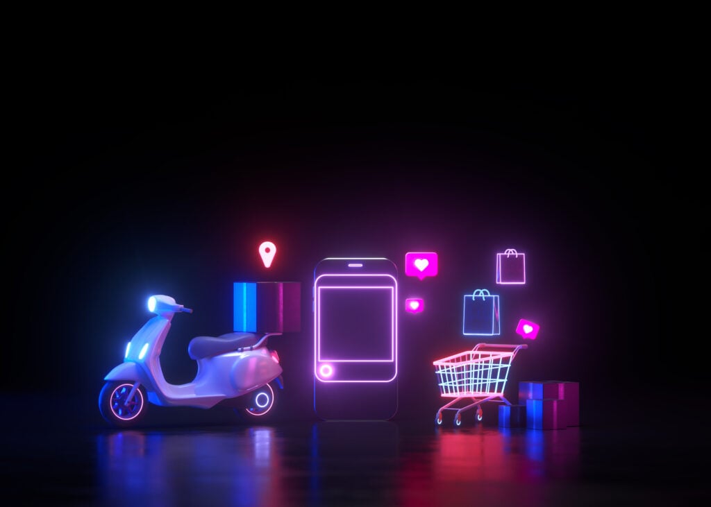 Neonbeleuchtete E-Commerce-Szene mit Smartphone, Einkaufstrolley, Scooter und Symbolen für Lieferung, Likes und Shopping.