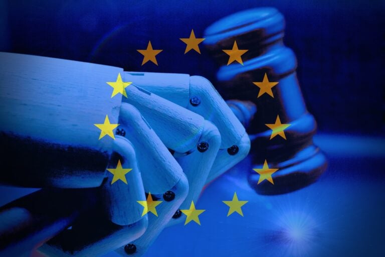 A robotic hand reaches out in front of blue EU stars, fitting for the EU AI Act and new transparency obligations.