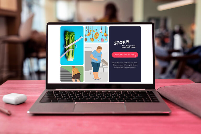 Laptop zeigt eine Webseite mit Informationen zur Adipositas und gesunder Ernährung.