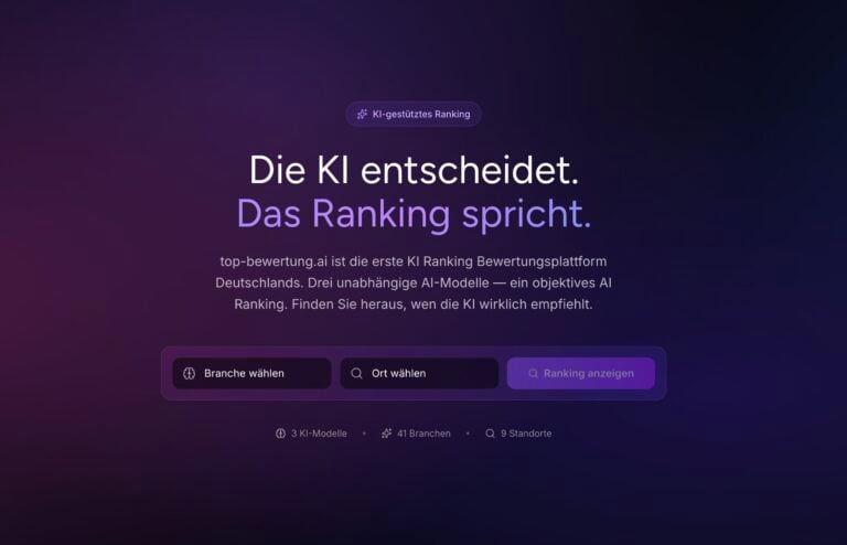 On a dark purple background, top-bewertung.ai displays an AI-powered ranking with three AI models, 41 industries, and 9 locations for provider search.