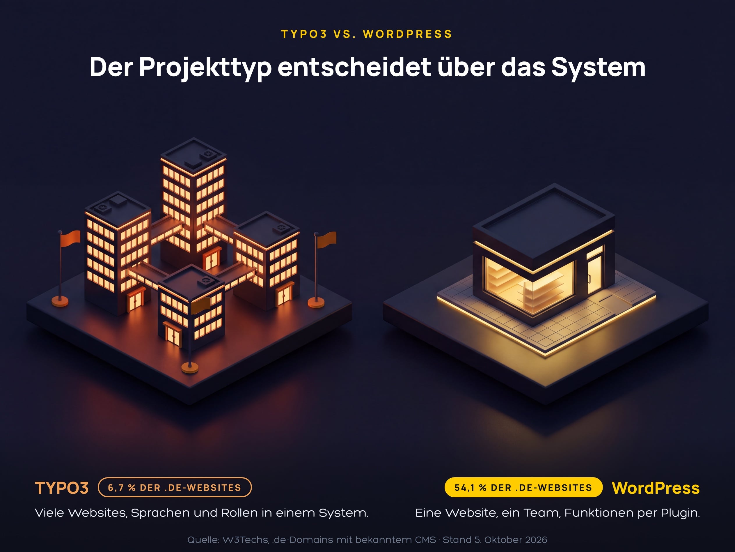TYPO3 vs. WordPress im Vergleich – links ein Verbund vieler Websites und Sprachen, rechts eine einzelne Website.