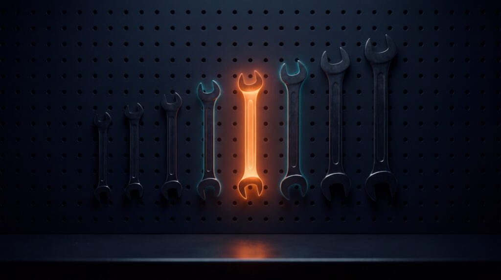 TYPO3 vs. WordPress als Reihe dunkler Schraubenschlüssel, von denen ein einziger in passender Größe orange leuchtet.