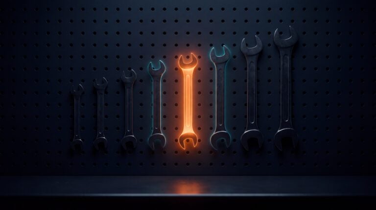 TYPO3 vs. WordPress as a set of dark screws, one of which glows orange in the right size.