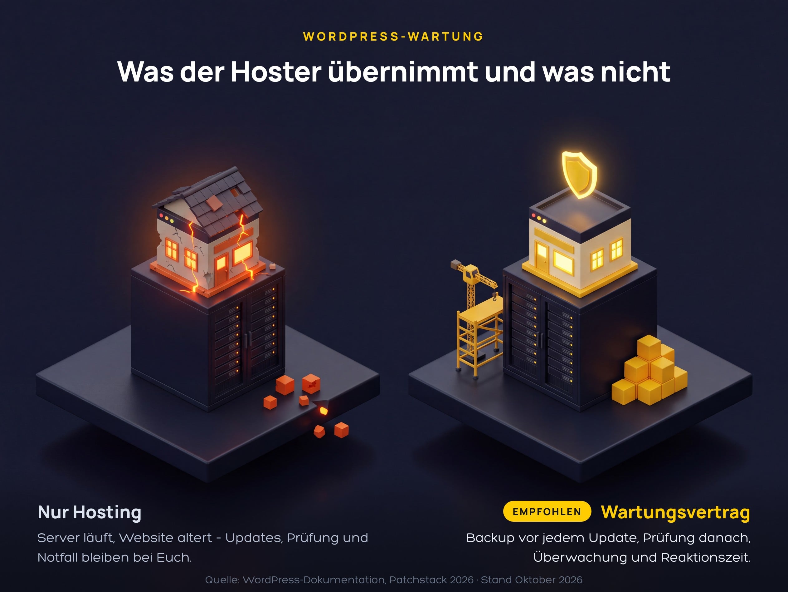 WordPress-Wartung Schaubild – links altert die Website auf dem laufenden Server, rechts hält der Wartungsvertrag sie aktuell.
